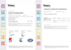 Telarc registration certificate ISO 9001:2015, Tubman Heating Limited